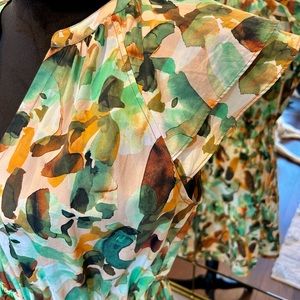 Marie Oliver brown, green, orange floral dress.